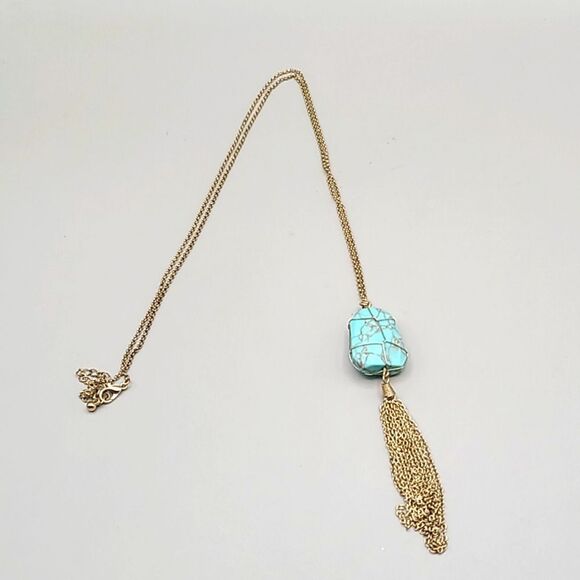 Gold Fashion Necklace with Turquoise Marbled Stone & Tassels - Picture 3 of 5